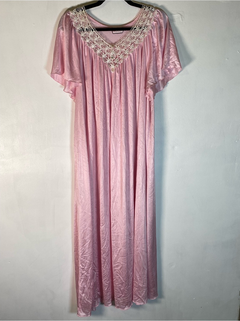 Vintage Pink Grannycore Lace Trim Nightgown Maxi Flutter Sleeve Cottagecore XL